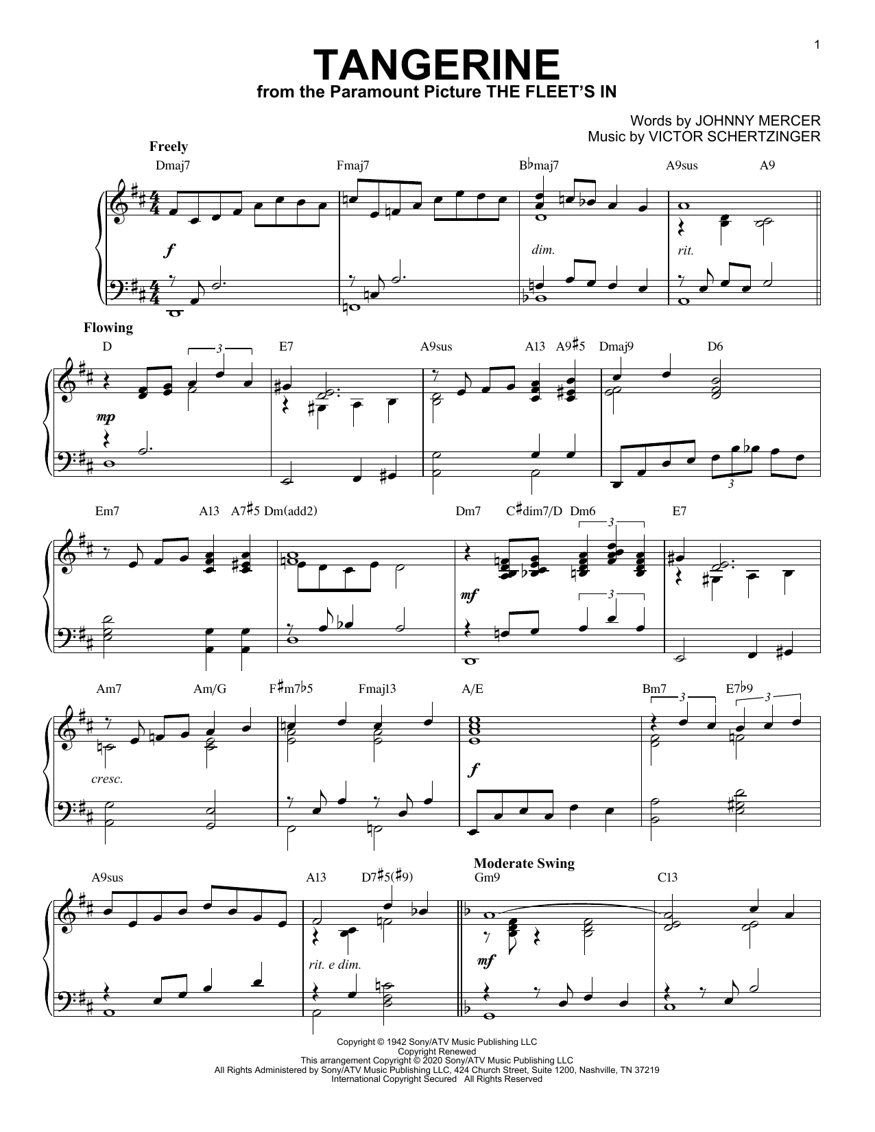 Jimmy Dorsey & His Orchestra Tangerine [Jazz version] (arr. Brent Edstrom) Sheet Music Notes & Chords for Piano Solo - Download or Print PDF