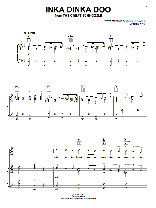 Jimmy Durante Inka Dinka Doo Sheet Music Notes & Chords for Melody Line, Lyrics & Chords - Download or Print PDF