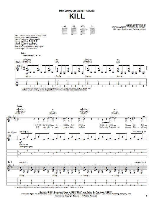 Jimmy Eat World Kill Sheet Music Notes & Chords for Guitar Tab - Download or Print PDF