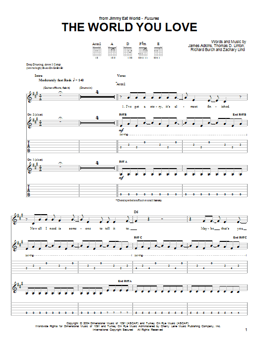 Jimmy Eat World The World You Love Sheet Music Notes & Chords for Guitar Tab - Download or Print PDF