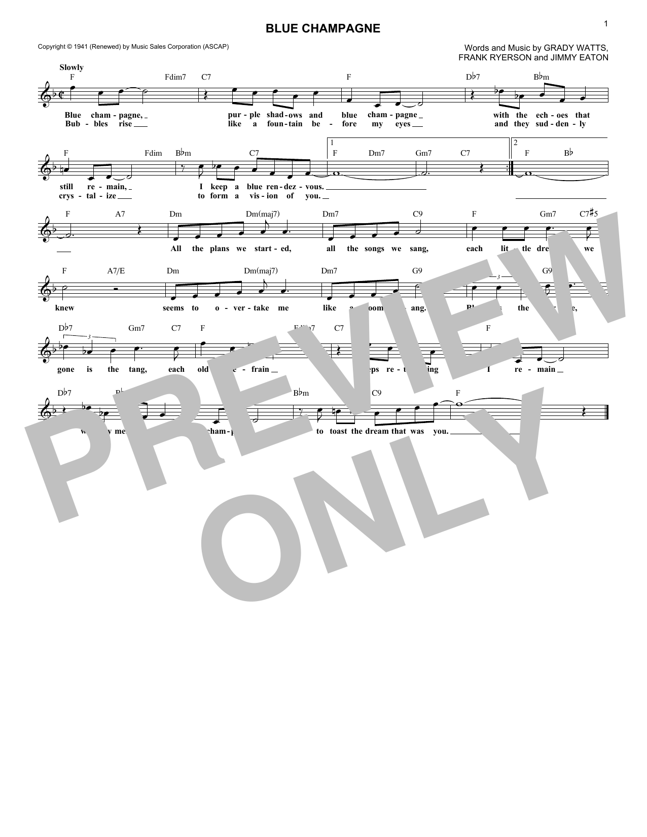 Jimmy Eaton Blue Champagne Sheet Music Notes & Chords for Melody Line, Lyrics & Chords - Download or Print PDF