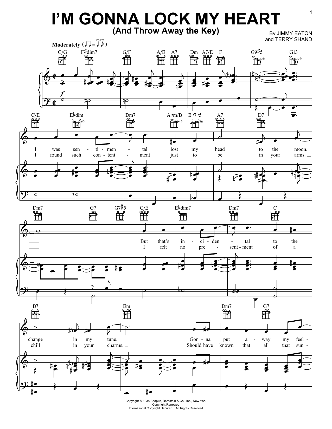 Jimmy Eaton I'm Gonna Lock My Heart (And Throw Away The Key) Sheet Music Notes & Chords for Piano, Vocal & Guitar (Right-Hand Melody) - Download or Print PDF