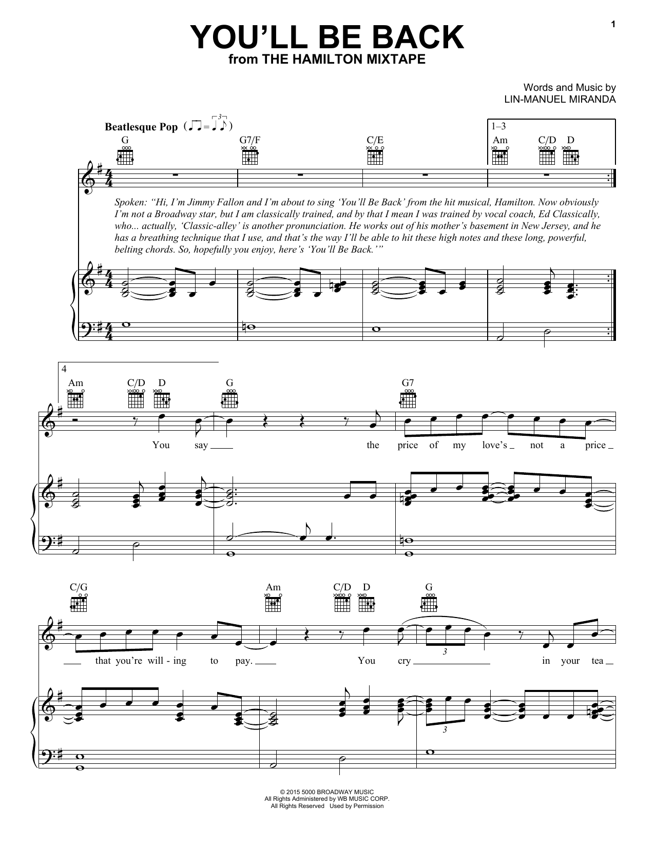 Jimmy Fallon, The Roots You'll Be Back Sheet Music Notes & Chords for Piano, Vocal & Guitar (Right-Hand Melody) - Download or Print PDF