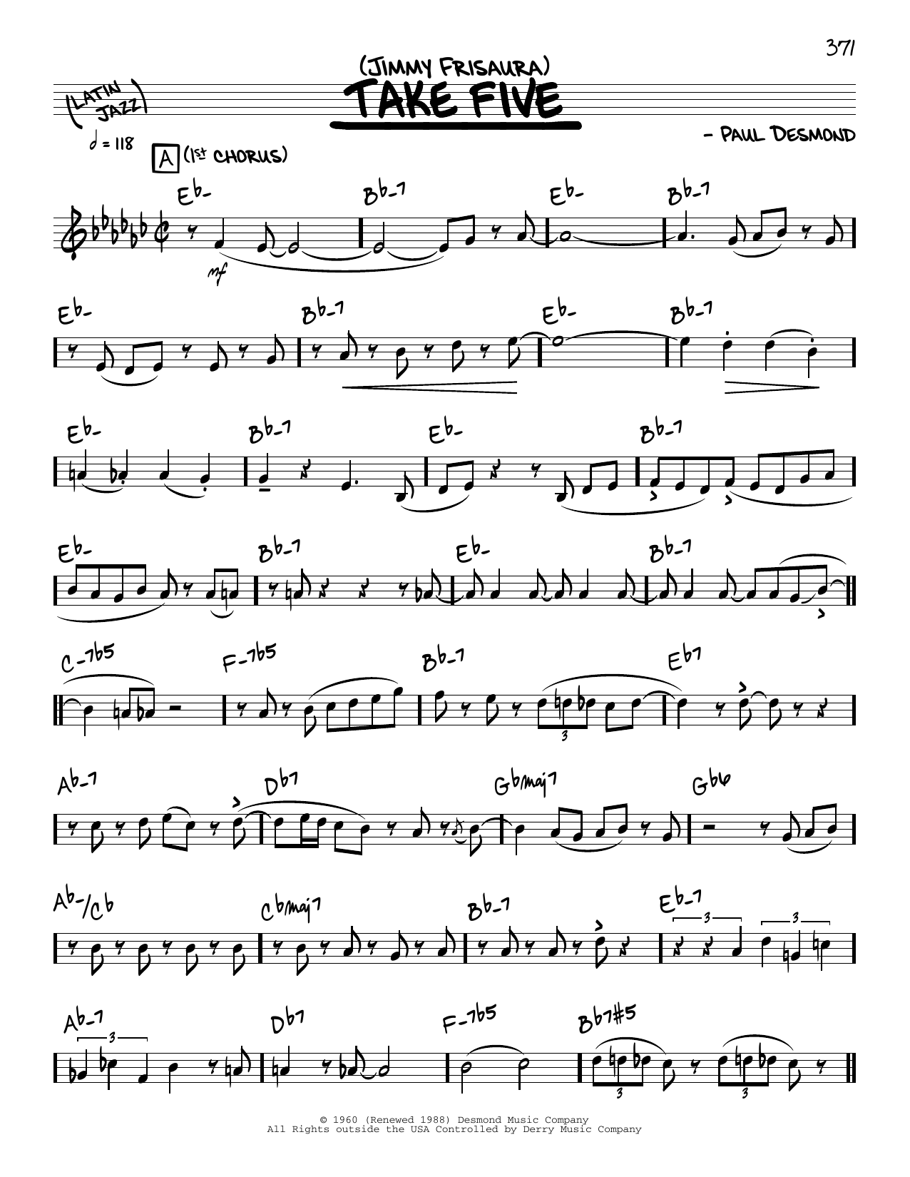 Jimmy Frisaura Take Five (solo only) Sheet Music Notes & Chords for Real Book – Melody & Chords - Download or Print PDF