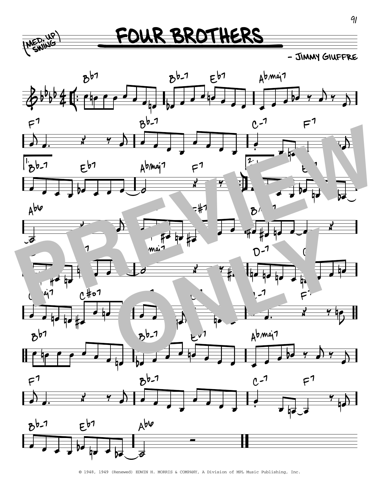 Jimmy Giuffre Four Brothers Sheet Music Notes & Chords for Piano, Vocal & Guitar (Right-Hand Melody) - Download or Print PDF