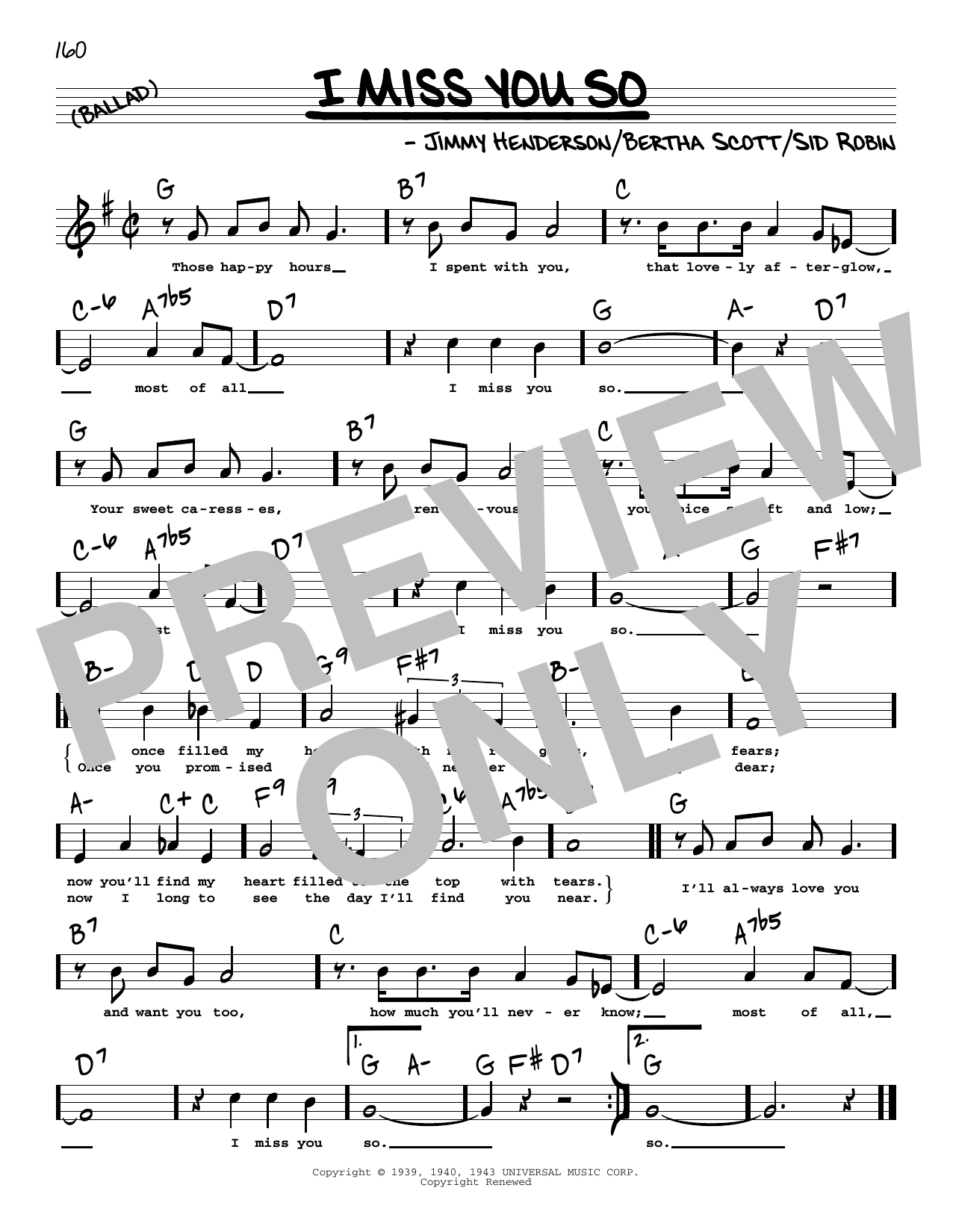 Jimmy Henderson I Miss You So (High Voice) Sheet Music Notes & Chords for Real Book – Melody, Lyrics & Chords - Download or Print PDF
