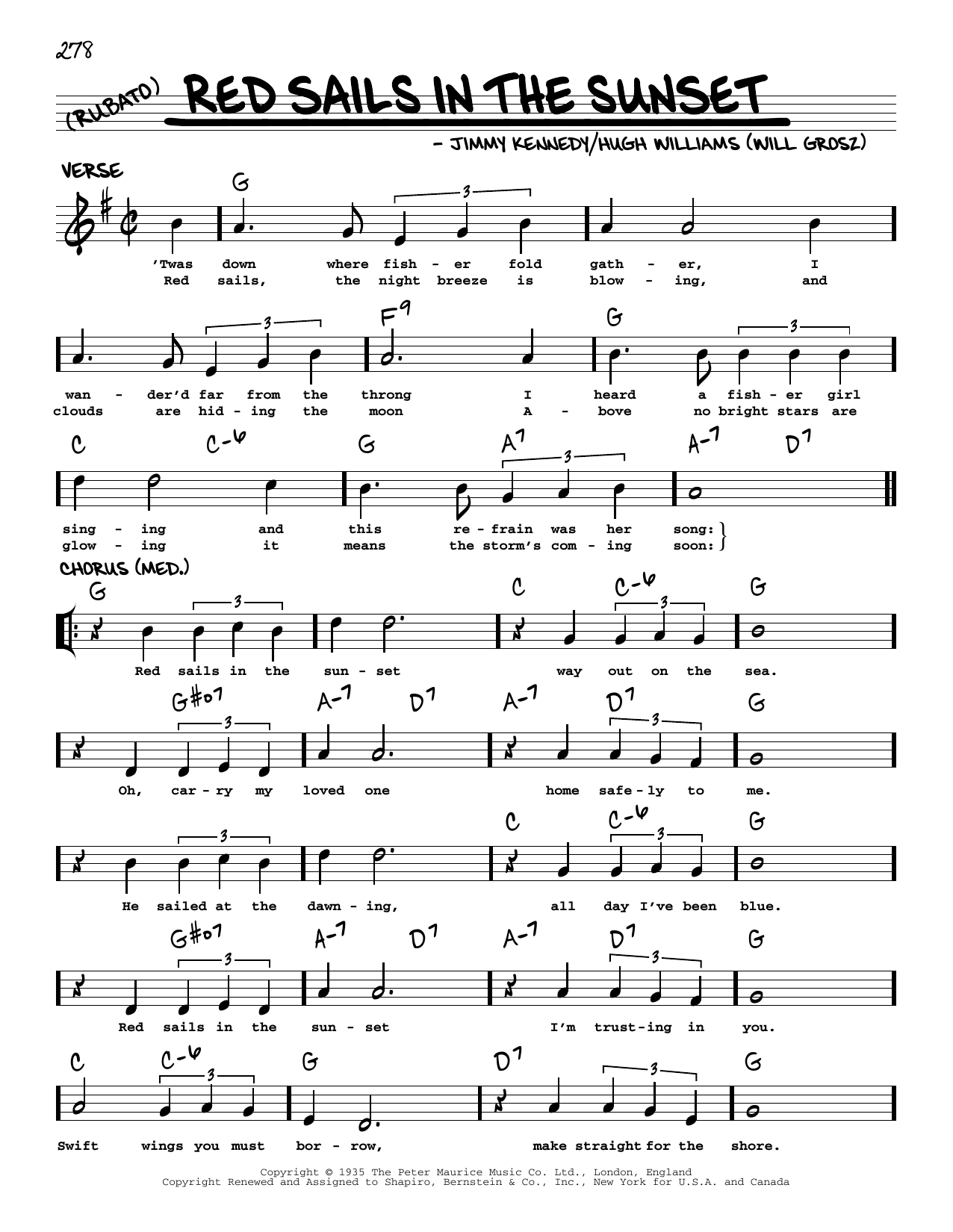 Jimmy Kennedy Red Sails In The Sunset (arr. Robert Rawlins) Sheet Music Notes & Chords for Real Book – Melody, Lyrics & Chords - Download or Print PDF
