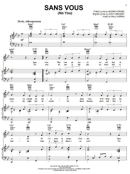 Jimmy Kennedy Sans Vous (No You) Sheet Music Notes & Chords for Piano, Vocal & Guitar (Right-Hand Melody) - Download or Print PDF