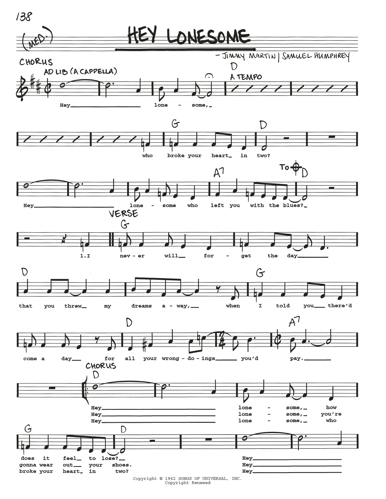 Jimmy Martin Hey Lonesome Sheet Music Notes & Chords for Real Book – Melody, Lyrics & Chords - Download or Print PDF