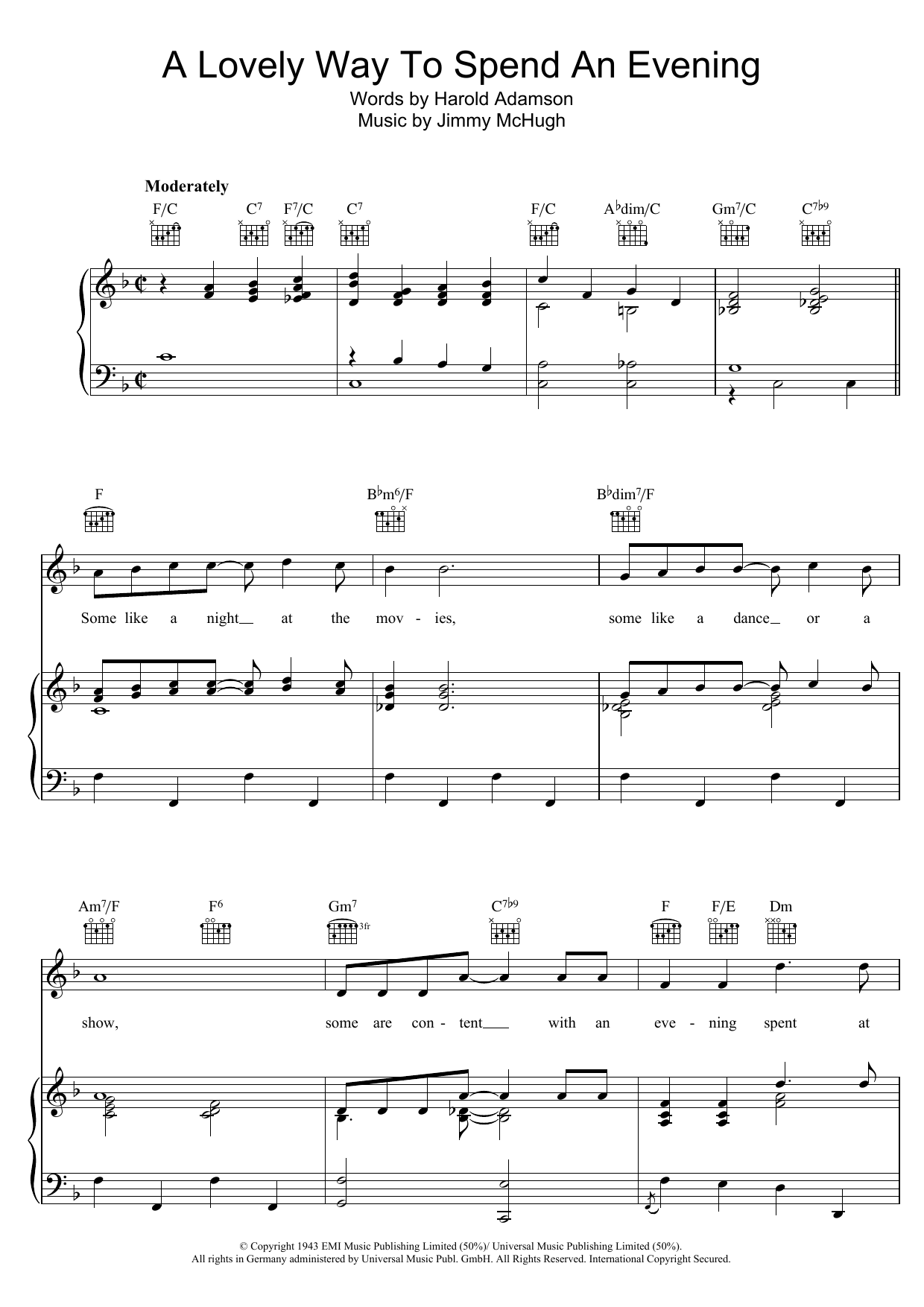 Jimmy McHugh A Lovely Way To Spend An Evening Sheet Music Notes & Chords for Piano, Vocal & Guitar (Right-Hand Melody) - Download or Print PDF