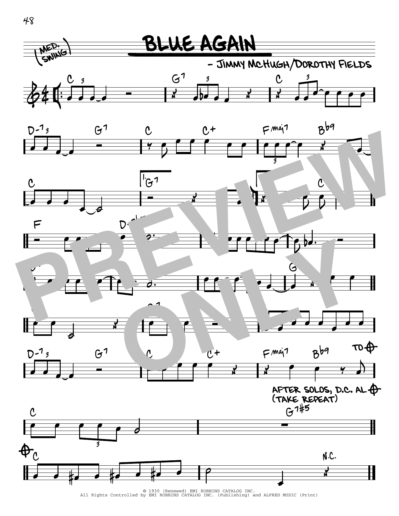 Jimmy McHugh and Dorothy Fields Blue Again Sheet Music Notes & Chords for Real Book – Melody & Chords - Download or Print PDF