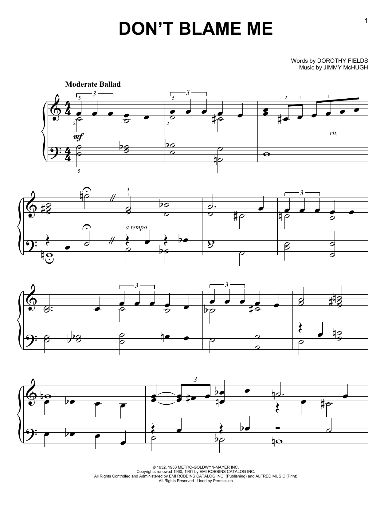 Jimmy McHugh Don't Blame Me Sheet Music Notes & Chords for Melody Line, Lyrics & Chords - Download or Print PDF