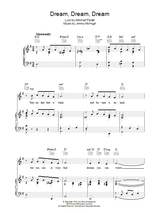 Jimmy McHugh Dream Dream Dream Sheet Music Notes & Chords for Piano, Vocal & Guitar (Right-Hand Melody) - Download or Print PDF