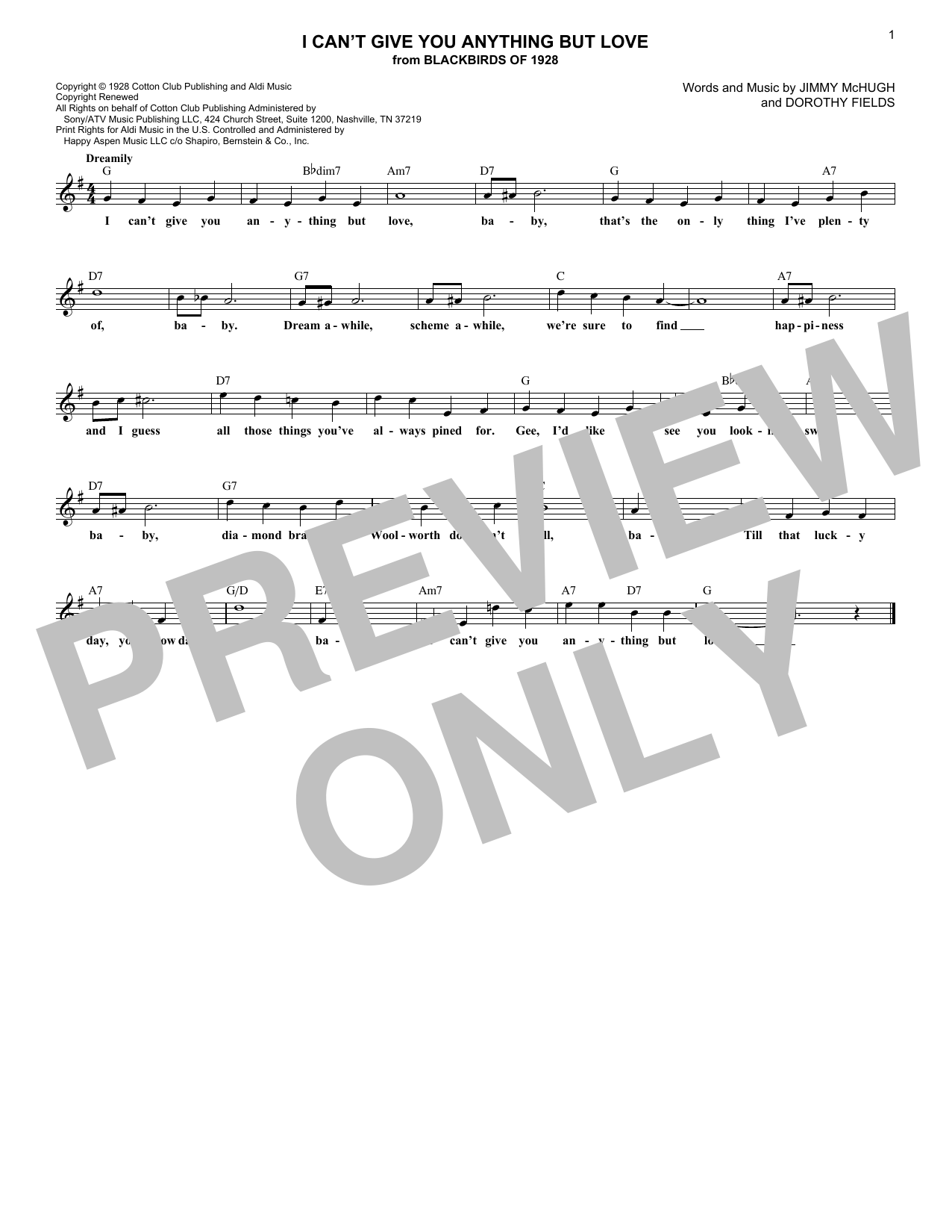 Jimmy McHugh I Can't Give You Anything But Love Sheet Music Notes & Chords for Melody Line, Lyrics & Chords - Download or Print PDF
