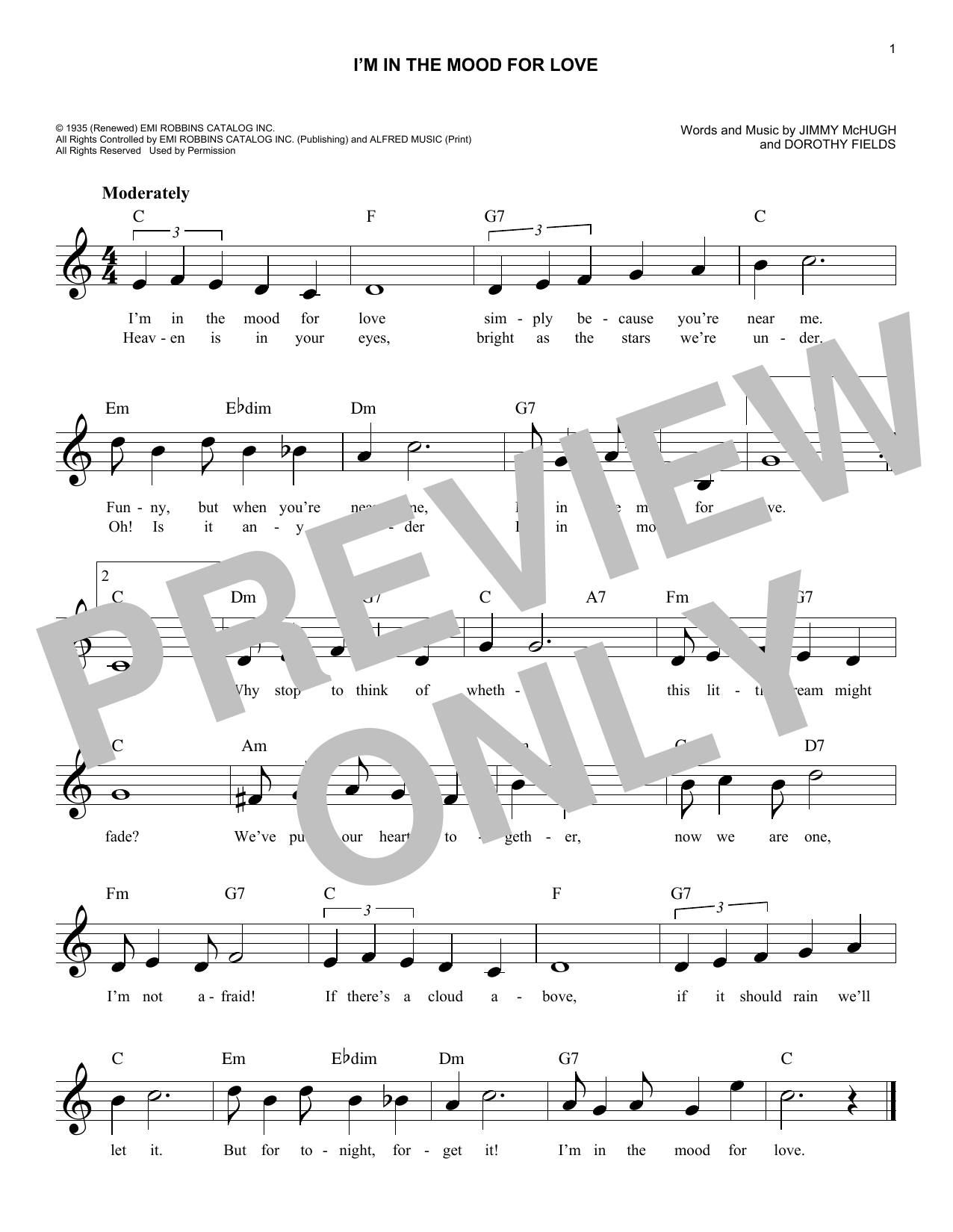 Jimmy McHugh I'm In The Mood For Love Sheet Music Notes & Chords for Piano, Vocal & Guitar (Right-Hand Melody) - Download or Print PDF