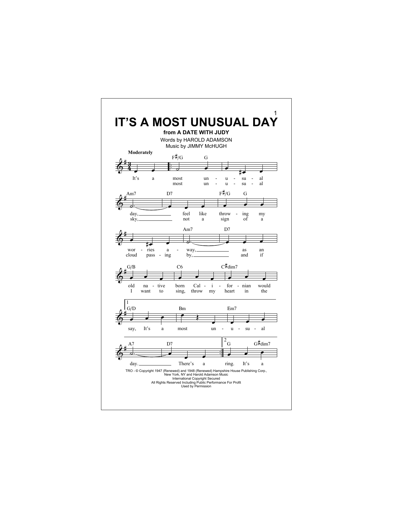 Jimmy McHugh It's A Most Unusual Day Sheet Music Notes & Chords for Melody Line, Lyrics & Chords - Download or Print PDF