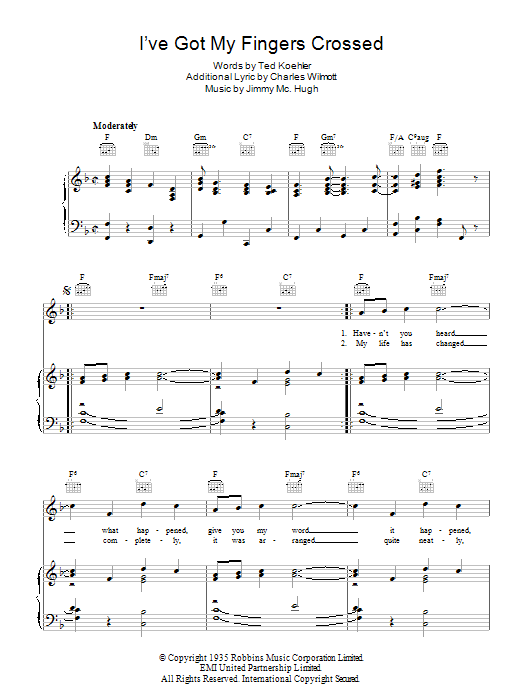 Jimmy McHugh I've Got My Fingers Crossed Sheet Music Notes & Chords for Piano, Vocal & Guitar (Right-Hand Melody) - Download or Print PDF