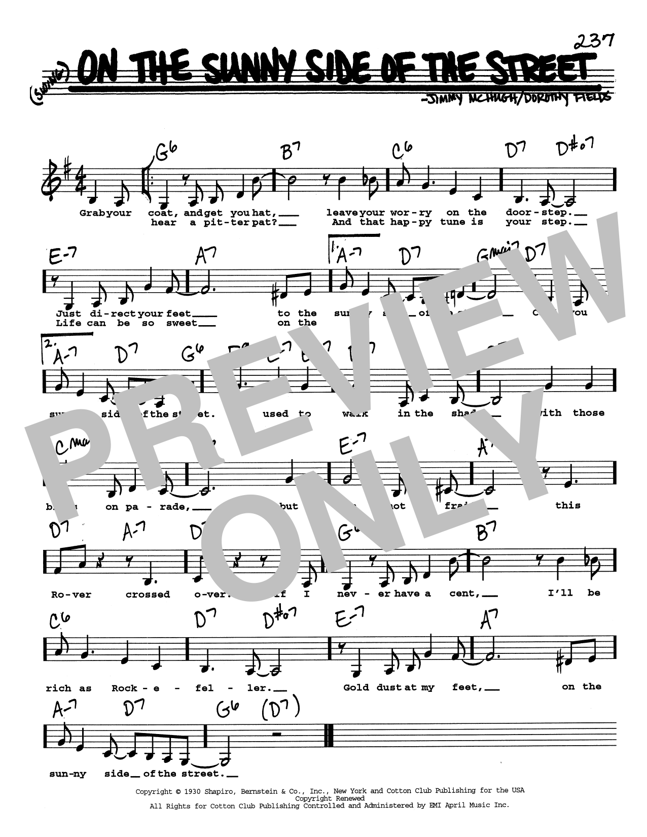 Jimmy McHugh On The Sunny Side Of The Street (Low Voice) Sheet Music Notes & Chords for Real Book – Melody, Lyrics & Chords - Download or Print PDF