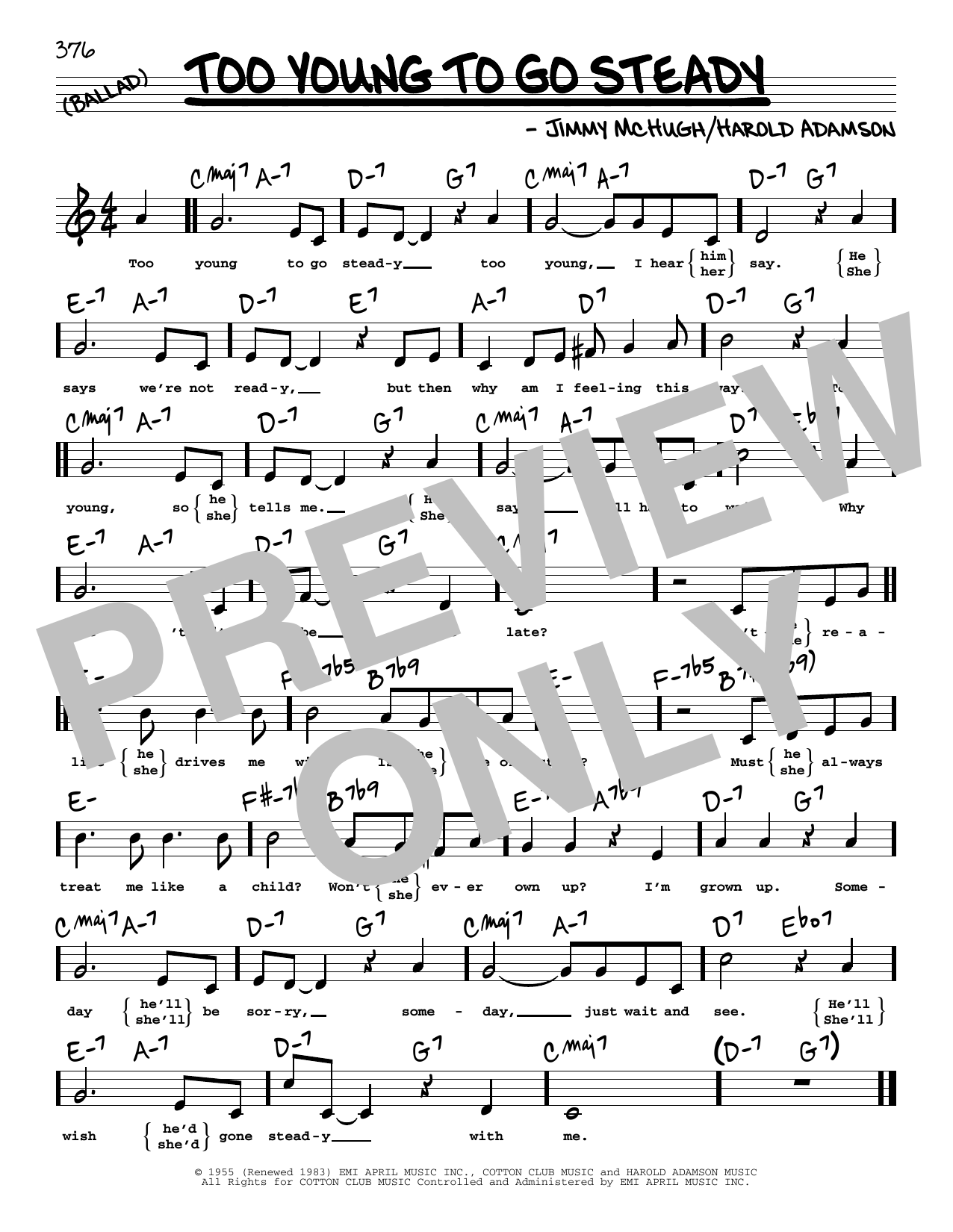 Jimmy McHugh Too Young To Go Steady (High Voice) Sheet Music Notes & Chords for Real Book – Melody, Lyrics & Chords - Download or Print PDF