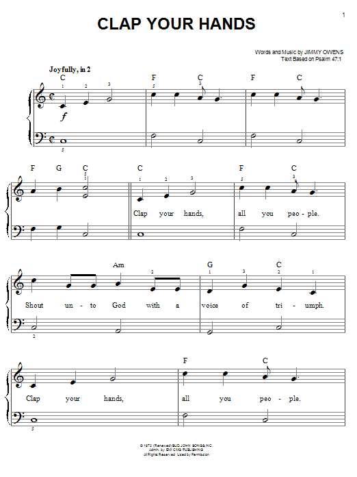 Jimmy Owens Clap Your Hands Sheet Music Notes & Chords for Piano (Big Notes) - Download or Print PDF