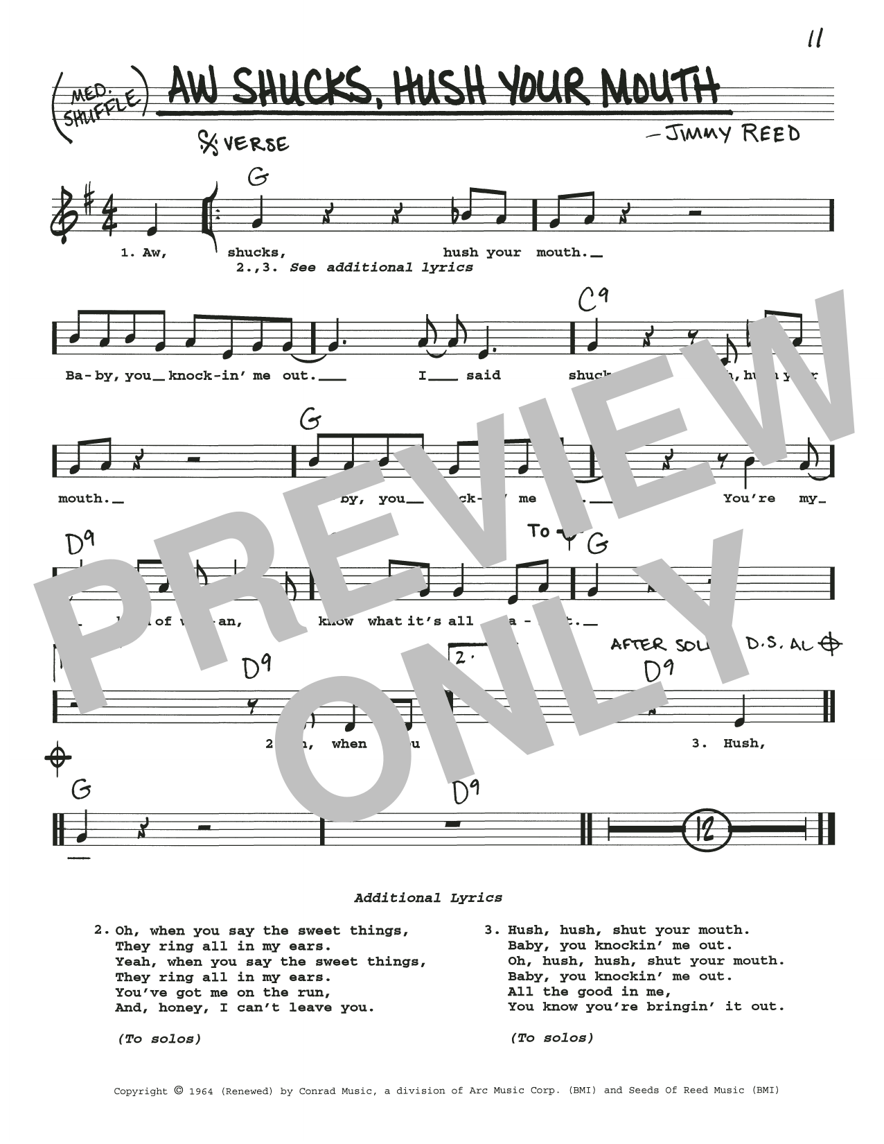 Jimmy Reed Aw Shucks, Hush Your Mouth Sheet Music Notes & Chords for Real Book – Melody, Lyrics & Chords - Download or Print PDF