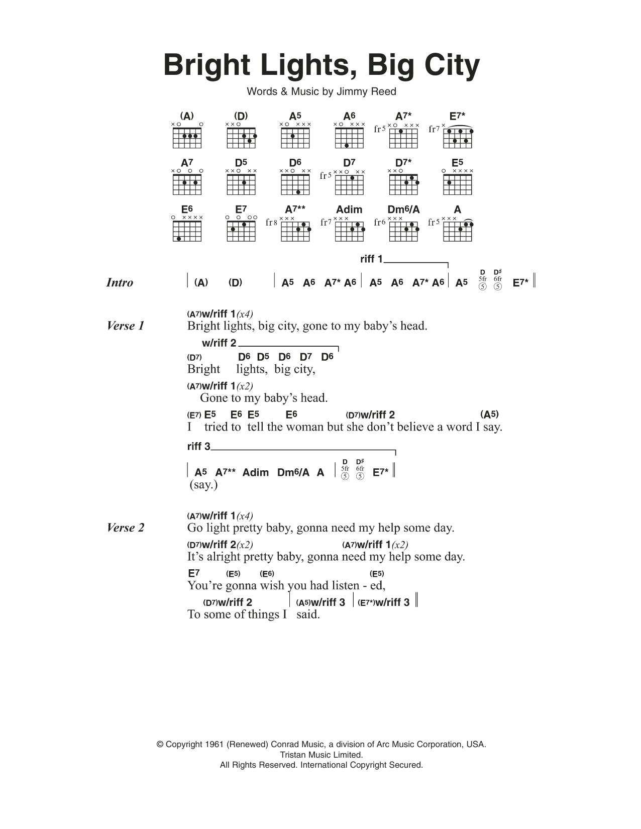 Jimmy Reed Bright Lights, Big City Sheet Music Notes & Chords for Lyrics & Chords - Download or Print PDF