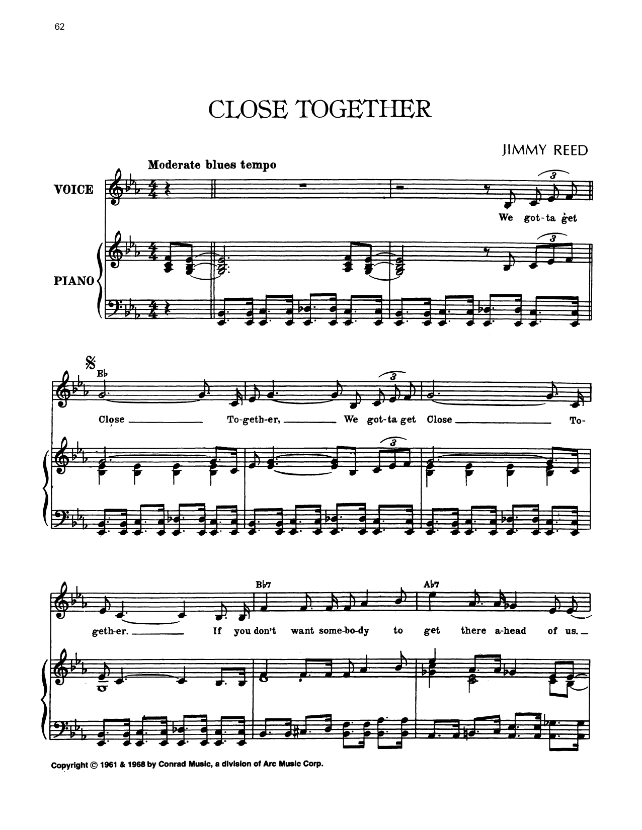 Jimmy Reed Close Together Sheet Music Notes & Chords for Piano, Vocal & Guitar Chords (Right-Hand Melody) - Download or Print PDF