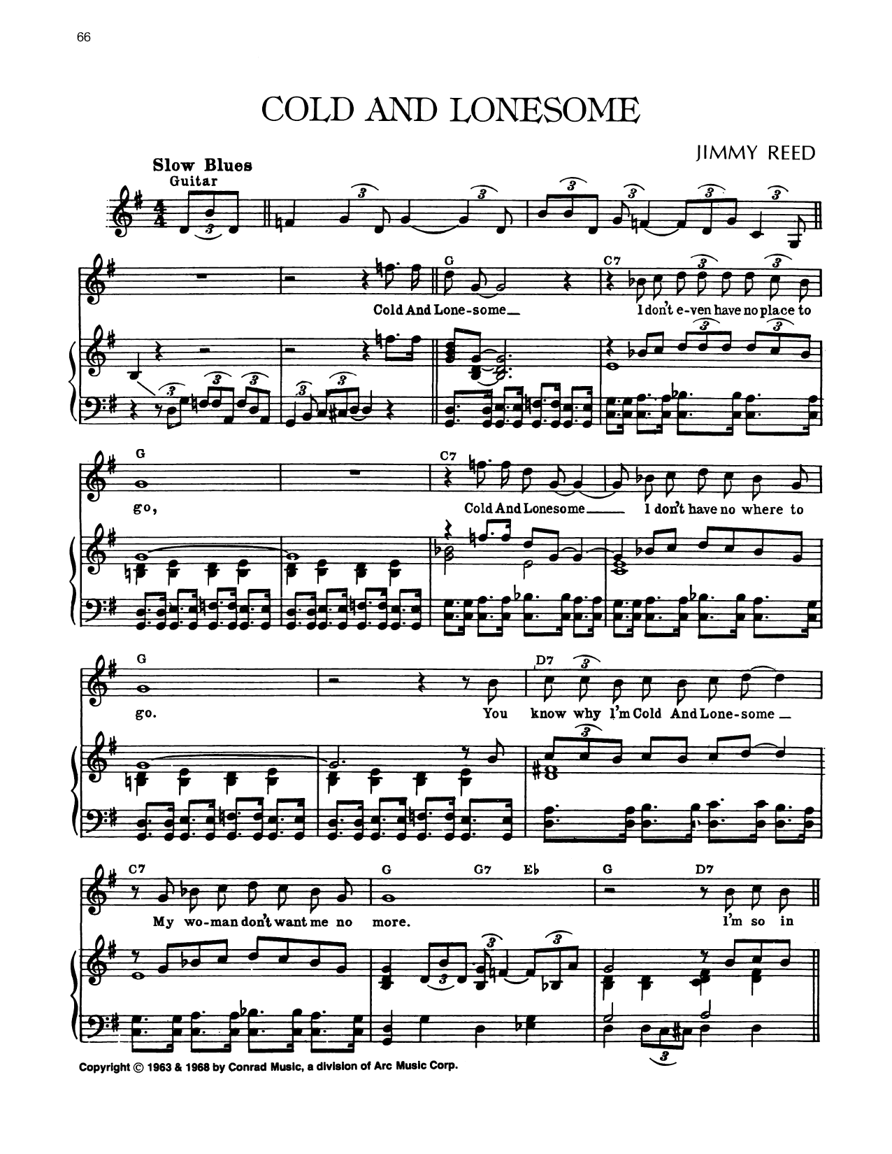 Jimmy Reed Cold And Lonesome Sheet Music Notes & Chords for Piano, Vocal & Guitar Chords (Right-Hand Melody) - Download or Print PDF
