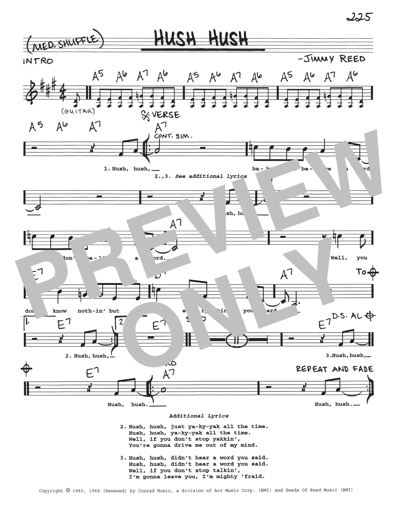 Jimmy Reed Hush Hush Sheet Music Notes & Chords for Real Book – Melody, Lyrics & Chords - Download or Print PDF