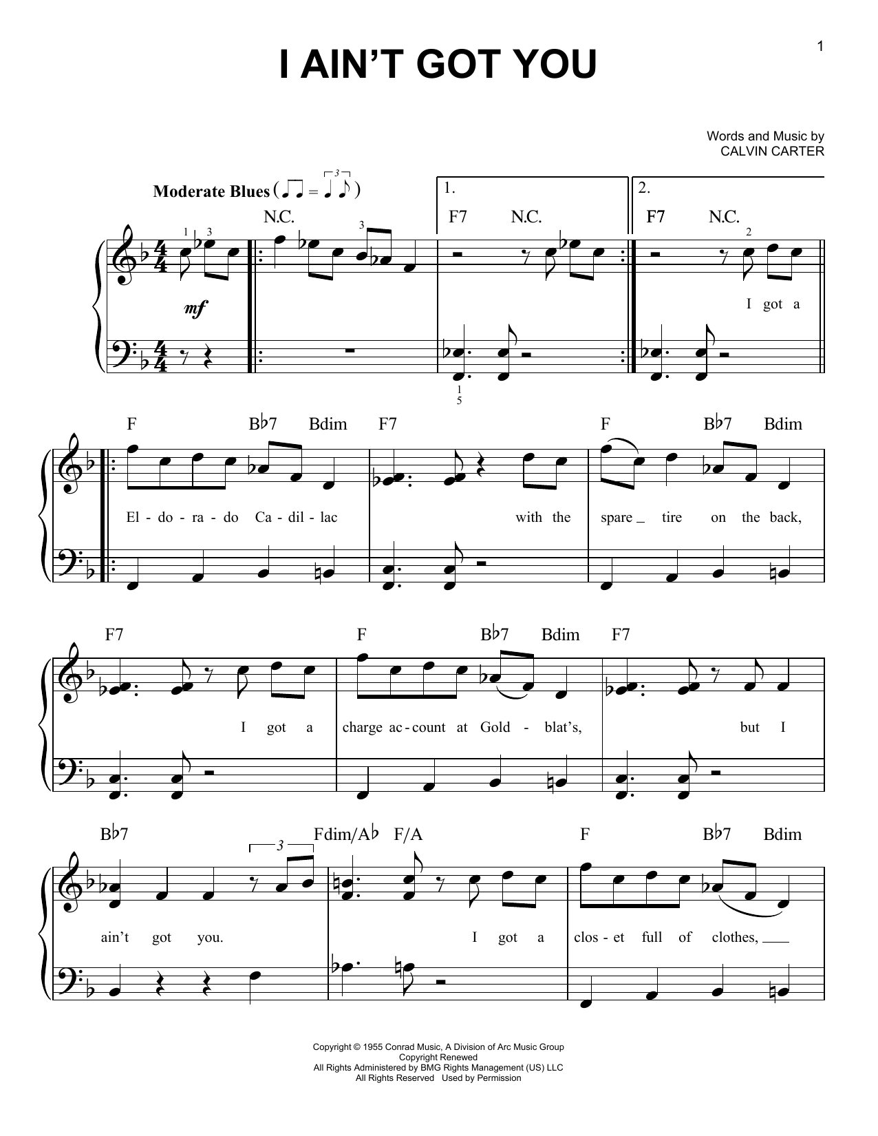 Jimmy Reed I Ain't Got You Sheet Music Notes & Chords for Very Easy Piano - Download or Print PDF