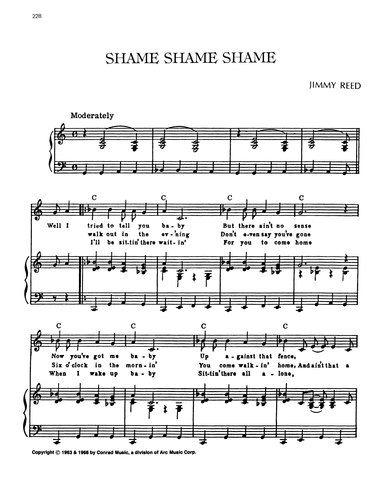 Jimmy Reed Shame, Shame, Shame Sheet Music Notes & Chords for Piano, Vocal & Guitar Chords (Right-Hand Melody) - Download or Print PDF