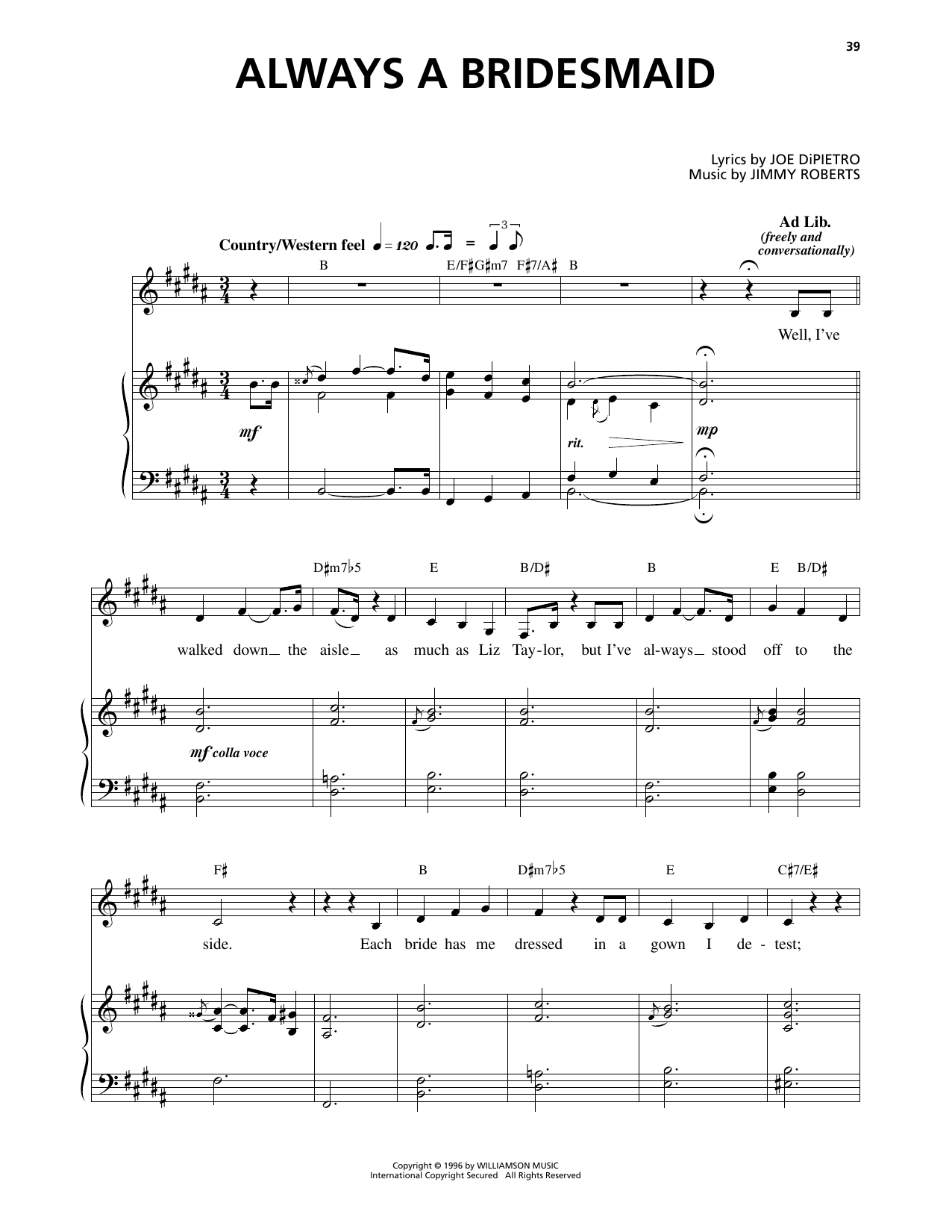 Jimmy Roberts Always A Bridesmaid (from I Love You, You're Perfect, Now Change) Sheet Music Notes & Chords for Piano & Vocal - Download or Print PDF