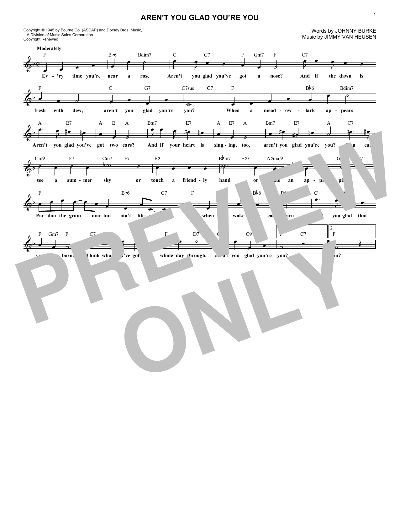 Jimmy Van Heusen Aren't You Glad You're You Sheet Music Notes & Chords for Melody Line, Lyrics & Chords - Download or Print PDF