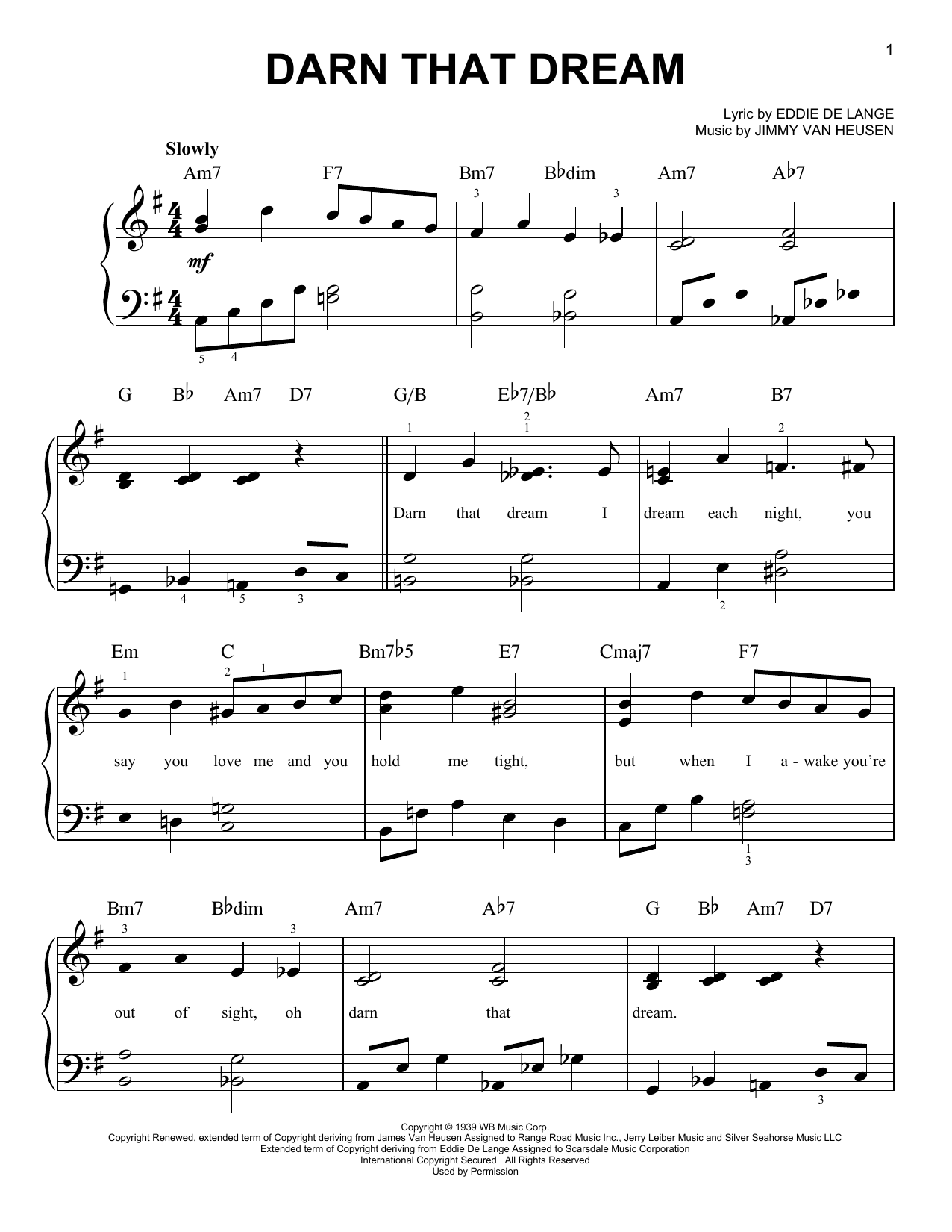 Jimmy Van Heusen Darn That Dream Sheet Music Notes & Chords for Easy Guitar Tab - Download or Print PDF