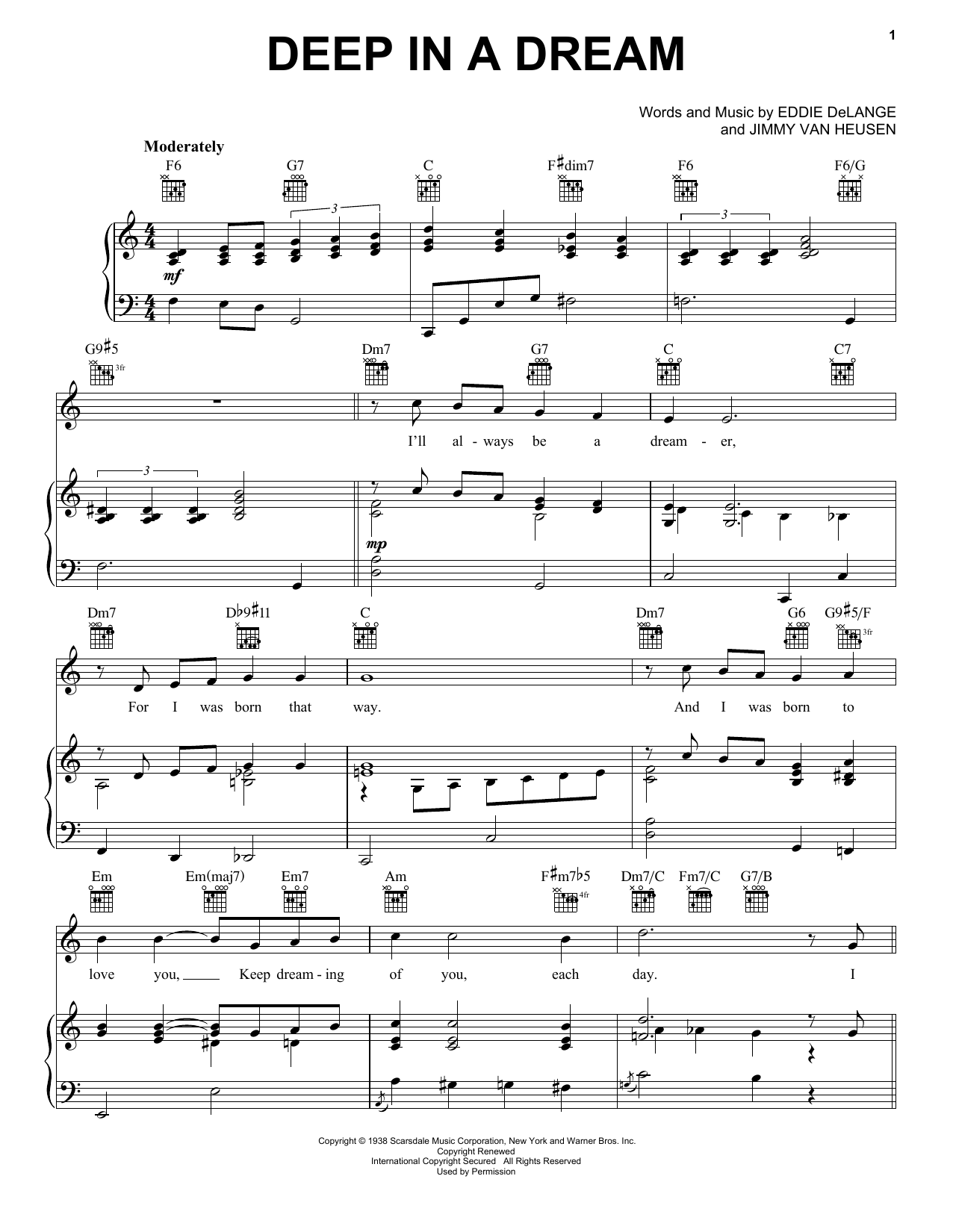 Jimmy Van Heusen Deep In A Dream Sheet Music Notes & Chords for Piano, Vocal & Guitar (Right-Hand Melody) - Download or Print PDF