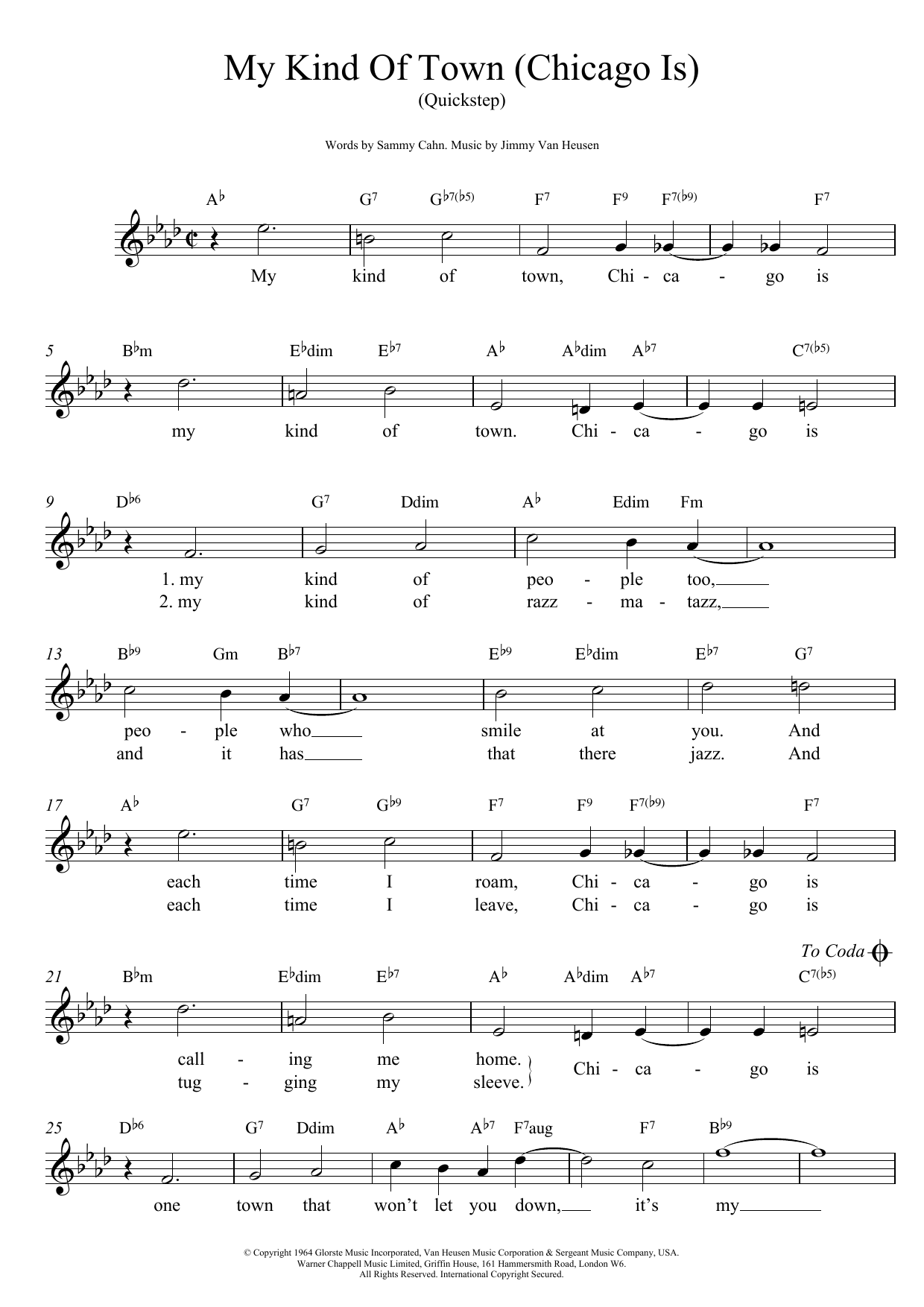 Jimmy Van Heusen My Kind Of Town (Chicago Is) Sheet Music Notes & Chords for Lead Sheet / Fake Book - Download or Print PDF