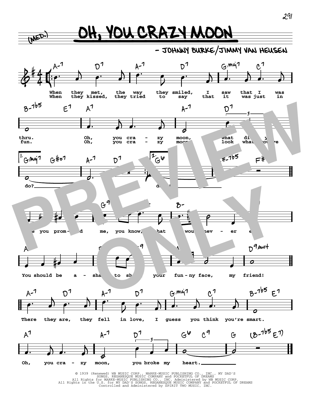 Jimmy Van Heusen Oh, You Crazy Moon (High Voice) Sheet Music Notes & Chords for Real Book – Melody, Lyrics & Chords - Download or Print PDF