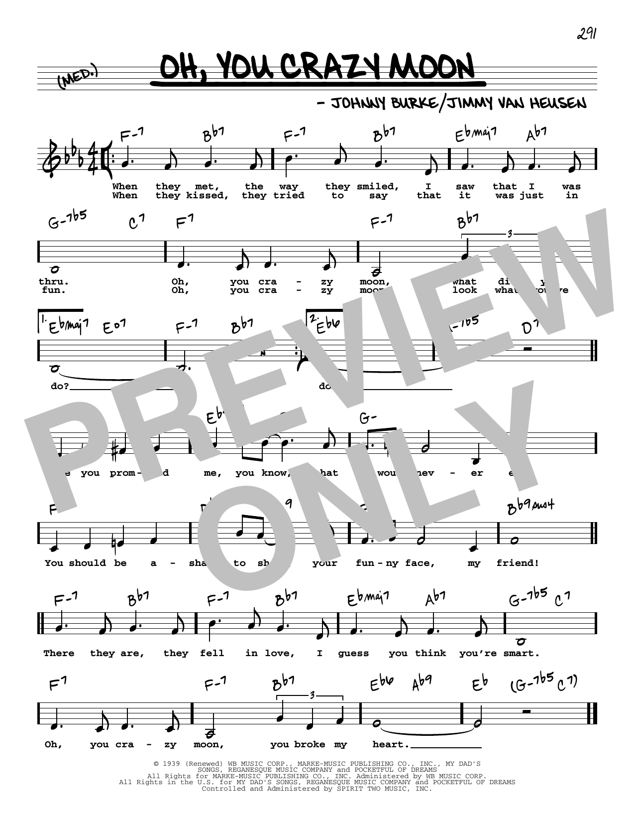 Jimmy Van Heusen Oh, You Crazy Moon (Low Voice) Sheet Music Notes & Chords for Real Book – Melody, Lyrics & Chords - Download or Print PDF