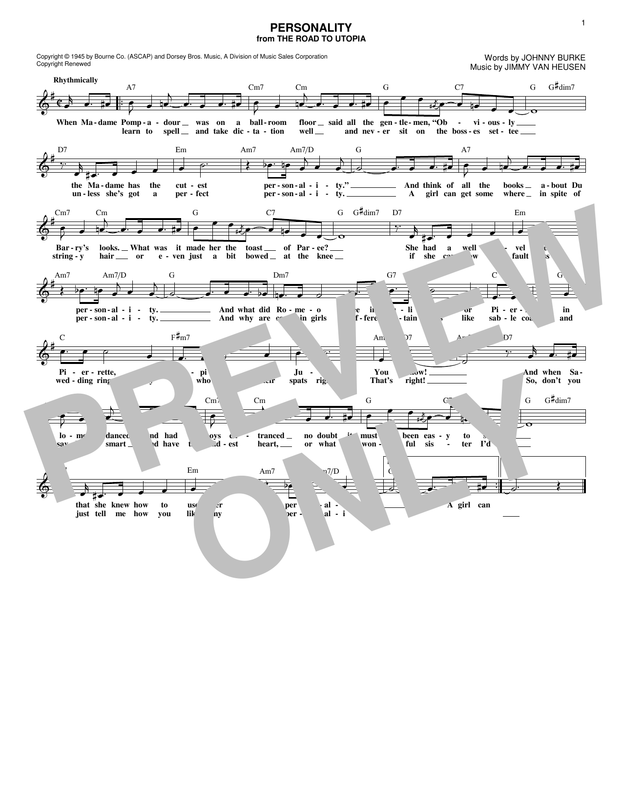Jimmy Van Heusen Personality Sheet Music Notes & Chords for Melody Line, Lyrics & Chords - Download or Print PDF