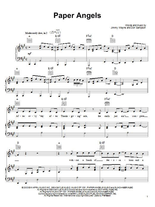 Jimmy Wayne Paper Angels Sheet Music Notes & Chords for Piano, Vocal & Guitar (Right-Hand Melody) - Download or Print PDF