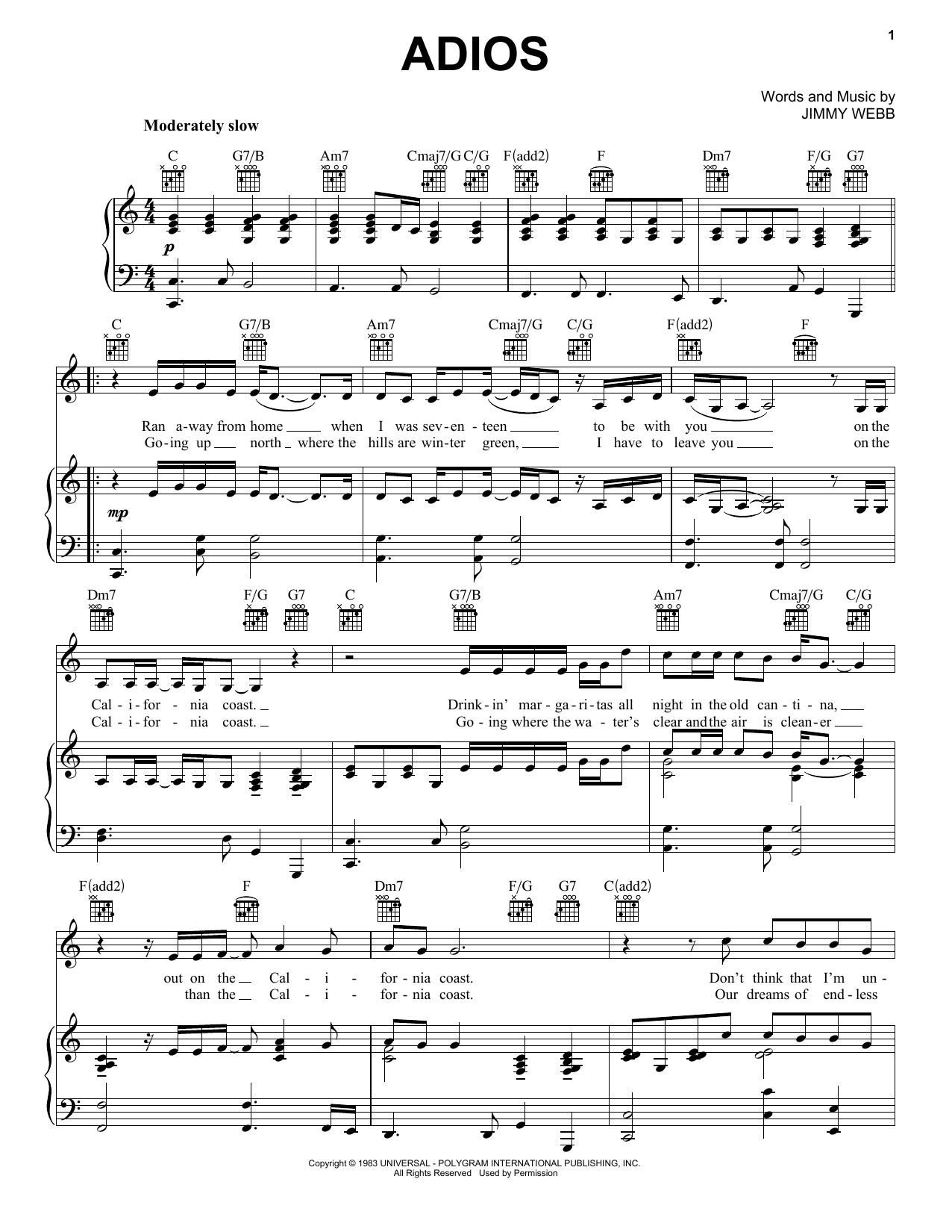 Jimmy Webb Adios Sheet Music Notes & Chords for Piano, Vocal & Guitar (Right-Hand Melody) - Download or Print PDF