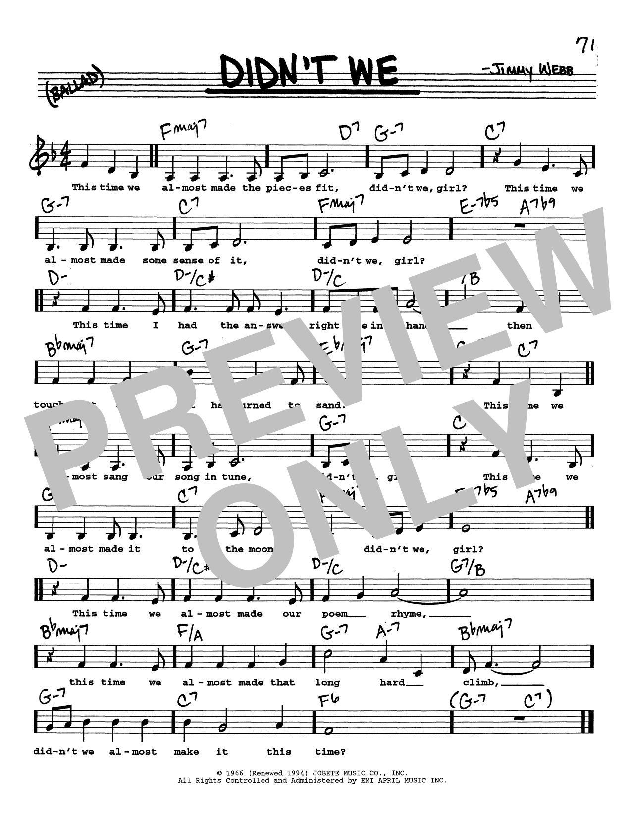 Jimmy Webb Didn't We (Low Voice) Sheet Music Notes & Chords for Real Book – Melody, Lyrics & Chords - Download or Print PDF