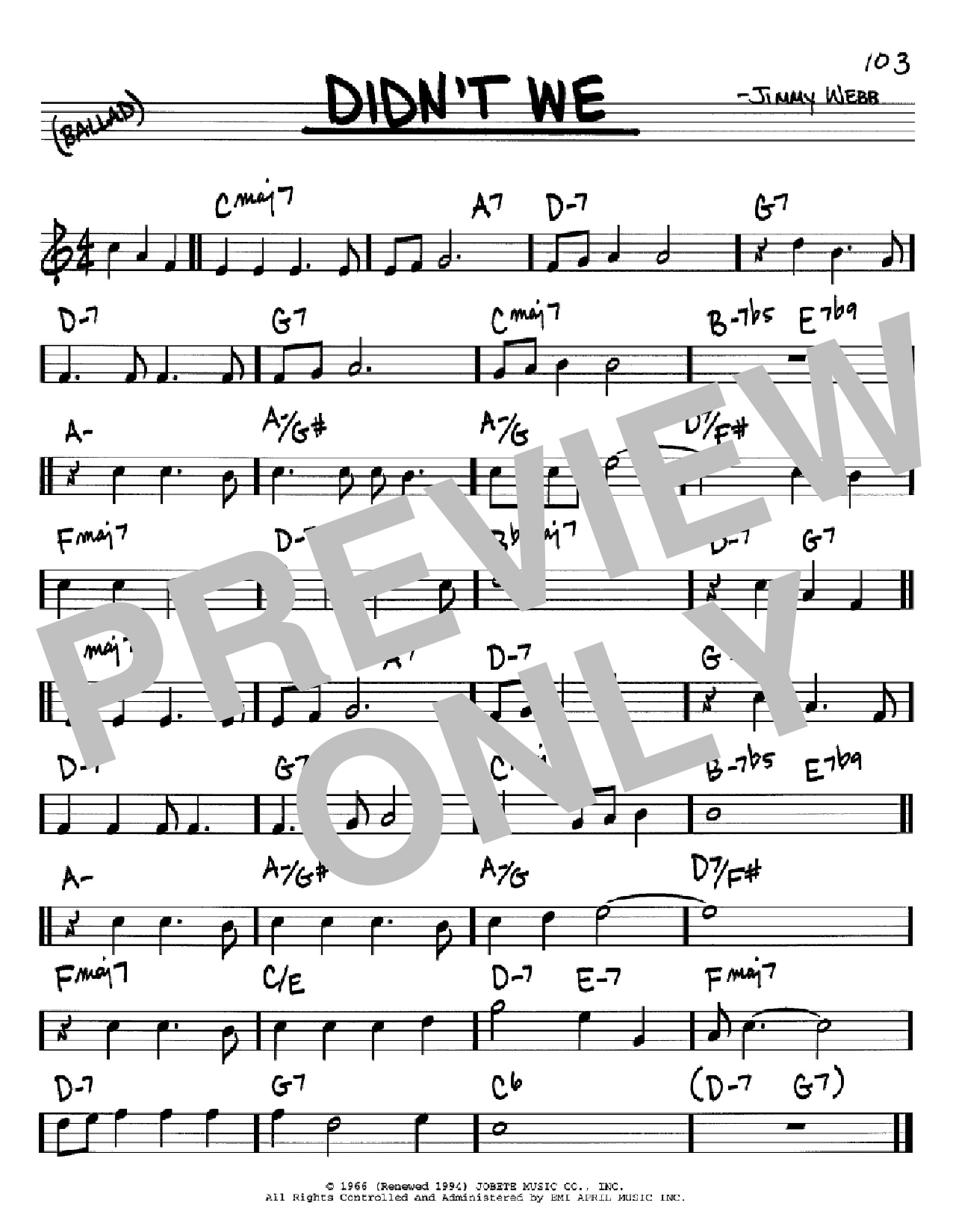 Jimmy Webb Didn't We Sheet Music Notes & Chords for Real Book - Melody & Chords - C Instruments - Download or Print PDF