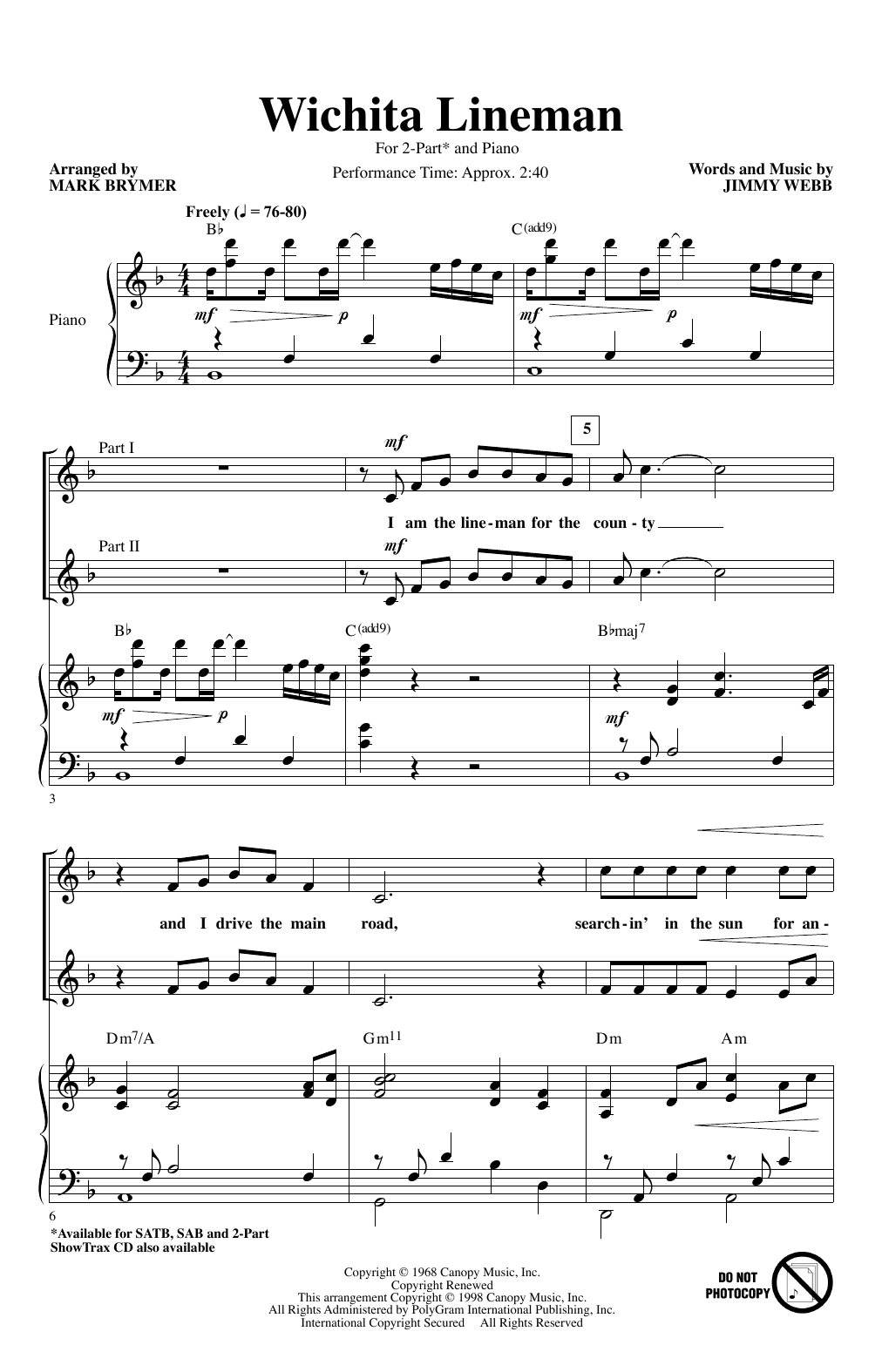 Jimmy Webb Wichita Lineman (arr. Mark Brymer) Sheet Music Notes & Chords for SAB Choir - Download or Print PDF