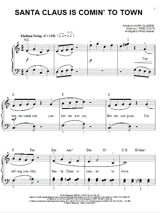 J Fred Coots Santa Claus Is Comin To Town Jazz Version Arr Phillip Keveren Sheet Music Download Pdf Score 75740