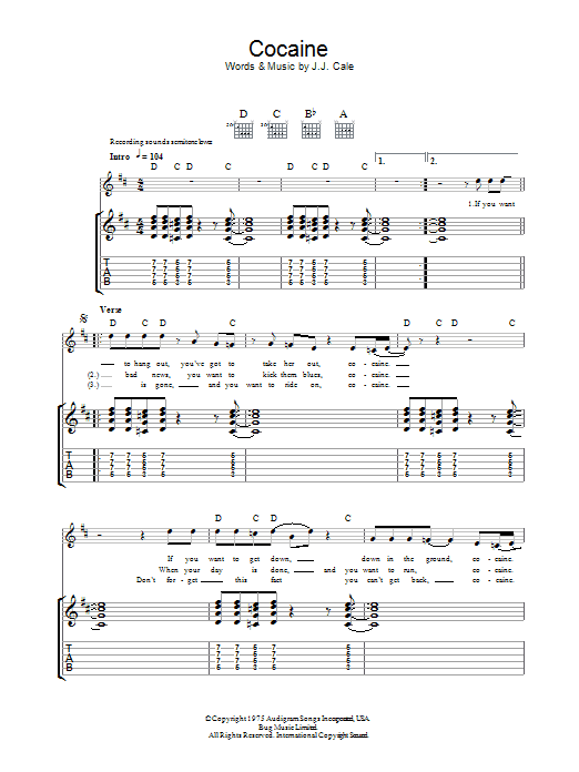 J.J. Cale Cocaine Sheet Music Notes & Chords for Guitar Tab - Download or Print PDF