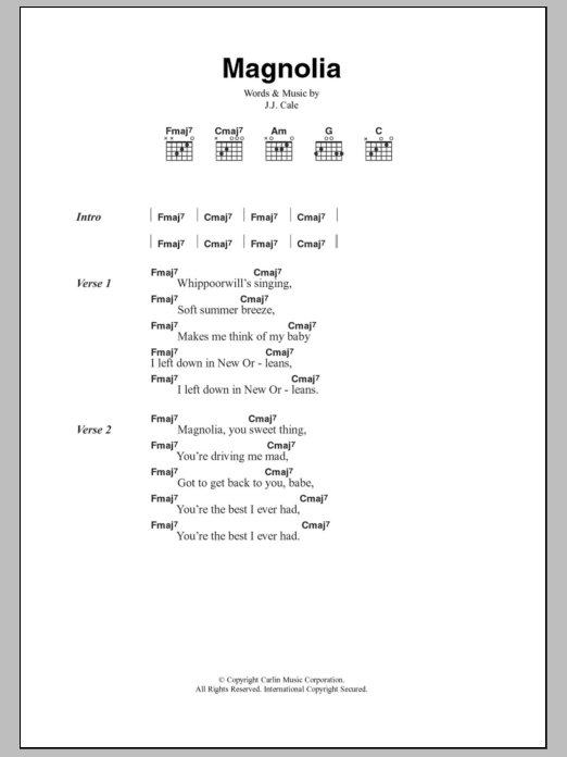 J.J. Cale Magnolia Sheet Music Notes & Chords for Lyrics & Chords - Download or Print PDF