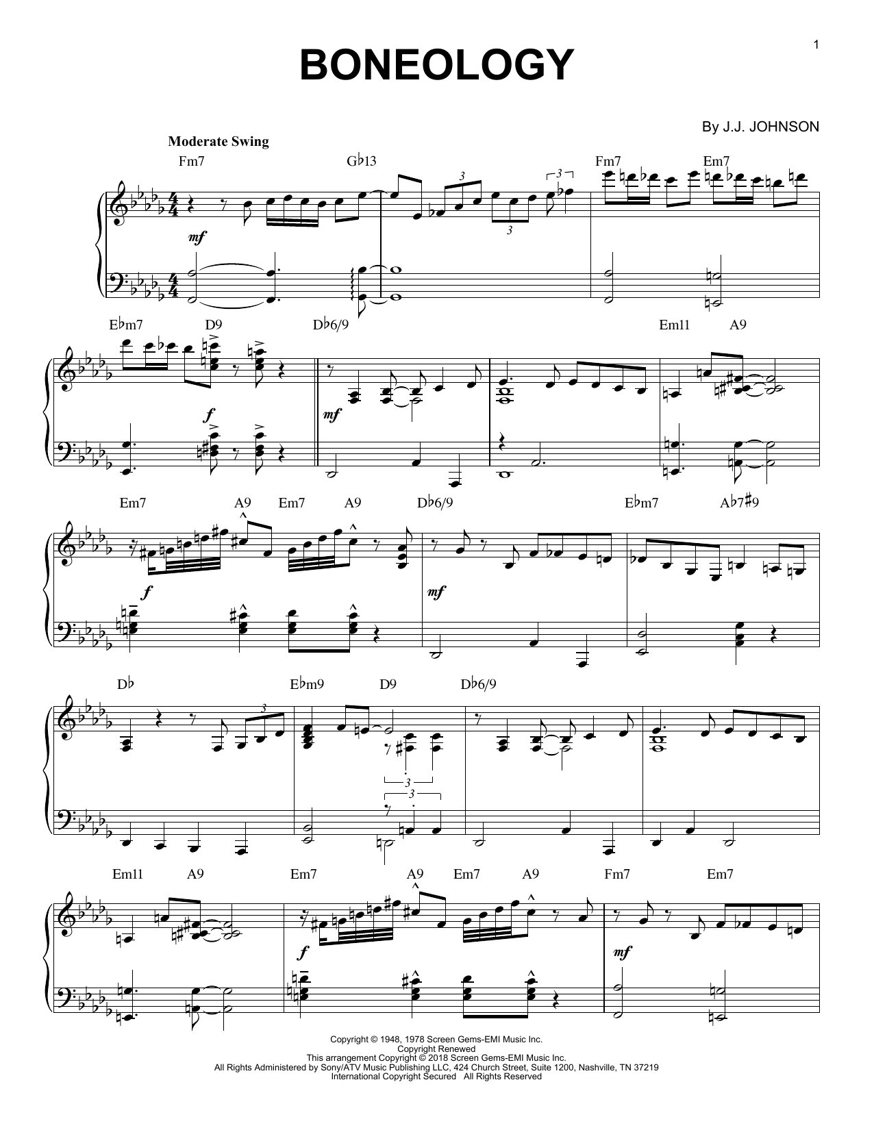 J.J. Johnson Boneology Sheet Music Notes & Chords for Piano - Download or Print PDF