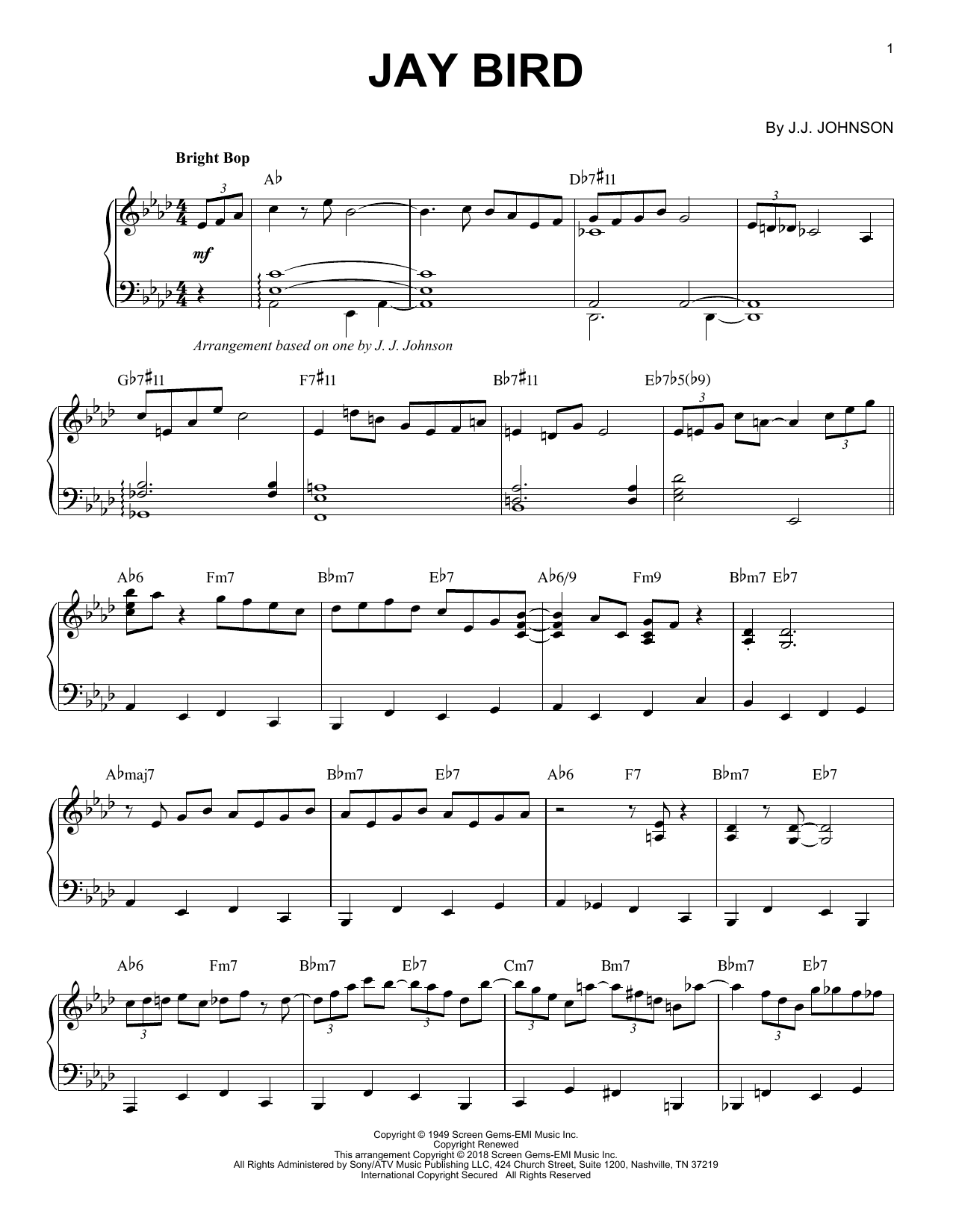 J.J. Johnson Jay Bird Sheet Music Notes & Chords for Piano - Download or Print PDF