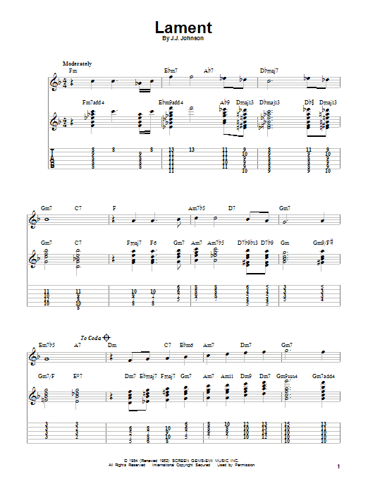J.J. Johnson Lament Sheet Music Notes & Chords for Easy Guitar Tab - Download or Print PDF